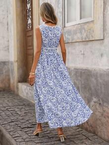 Brillora 女士休闲优雅浪漫度假印花连衣裙，蓝色碎花印花连衣裙 - 藍色 - 查看 3