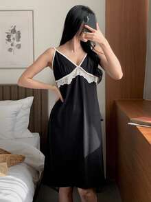 DAZY Contrast Color Lace Patchwork Camisole Waist Women Nightgown - Black - View 6
