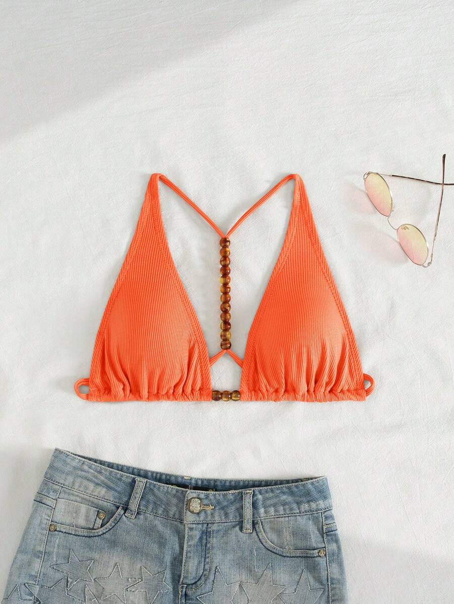 Swim Vcay Áo bikini đính hạt màu trơn dành cho nữ mùa hè đi biển - Màu Cam cháy - Xem 1