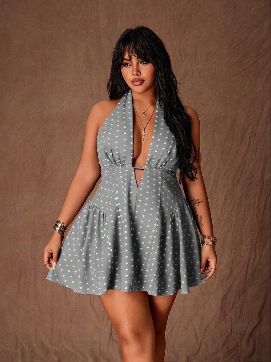 Rustia 大码女式波点露背吊带性感收腰派对连衣裙 - 灰色 - 查看 1