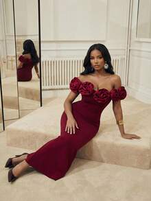 Playroots 女士优雅连衣裙，派对礼服，3D立体花卉露肩修身连衣裙 - 紅色 - 查看 5