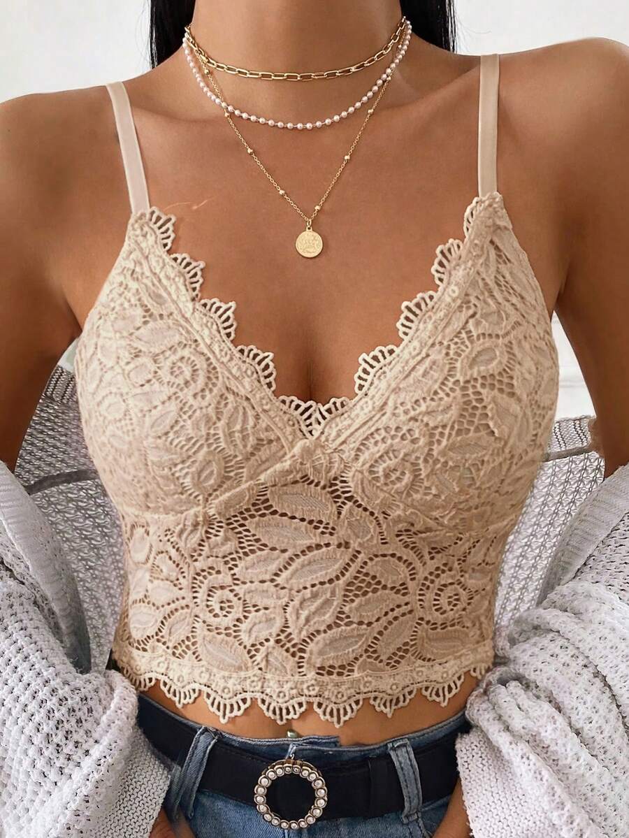 Breezaya 纯色蕾丝拼接刺绣修身休闲吊带背心 - 杏色 - 查看 1