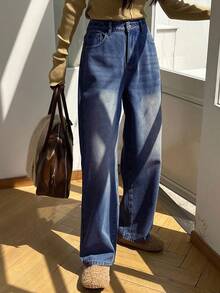 DAZY Relaxed Vintage Wide Leg Jeans, Autumn/Winter Thermal Lined Straight Leg Floor Length Jeans For Women - Dark Wash - View 6