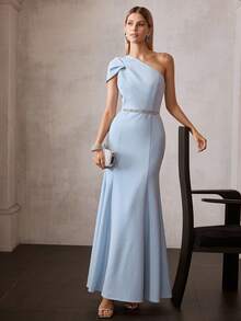 MOTF Soiréza WOMEN'S ELEGANT ASYMMETRIC SHOULDER MERMAID HEM LONG DRESS - Blue - View 2