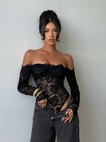 Aloruh Women's Black Lace Sheer Hollow Out Off-Shoulder Long Sleeve Bodysuit, Suitable For Weddings, Parties, Dates, Autumn/Winter Layering - Black - View 8