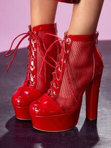 CUCCOO LuxiPop 女士户外圆头厚底高跟防水厚底网布和PU面料系带设计时尚舒适日常、派对、夜店、宴会拉链凉鞋靴 - 紅色 - 查看 3