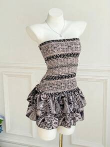 Women's Floral Print Ruffle Hem Strapless Mini Dress, Vacation Style - Black and Gold - View 3