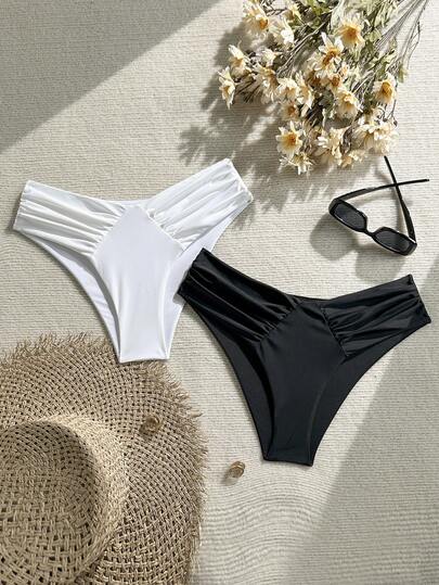 Swim Vcay 2pcs Women's Sexy Solid Color Ruched Swimsuit Bottom