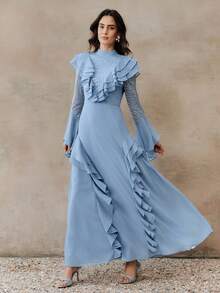 Anewsta Đầm dài tay cổ đứng màu xanh chiffon thanh lịch mới dành cho nữ mùa xuân/hè, phối ren tương phản. - Màu xanh lam - Xem 3