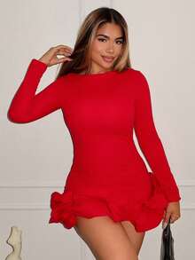 Maria Perezxox 秋冬夏季圣诞服装新年服装新年连衣裙甜美蓬蓬裙红色连衣裙优雅长袖连衣裙 - 紅色 - 查看 3
