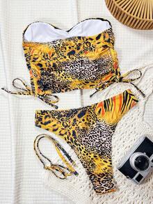 Swim SXY 2pcs Leopard Print Detachable Strap Pleated Front Drawstring Waist Casual Beach Bikini Set For Women - Multicolor - View 2