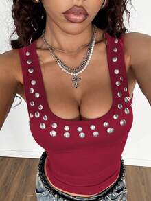 StreetHx 女士黑色方领金属装饰 Y2K 朋克摇滚修身舒适叠穿吊带背心，万圣节 2000 年代风格街头服饰无袖 - 紅色 - 查看 6