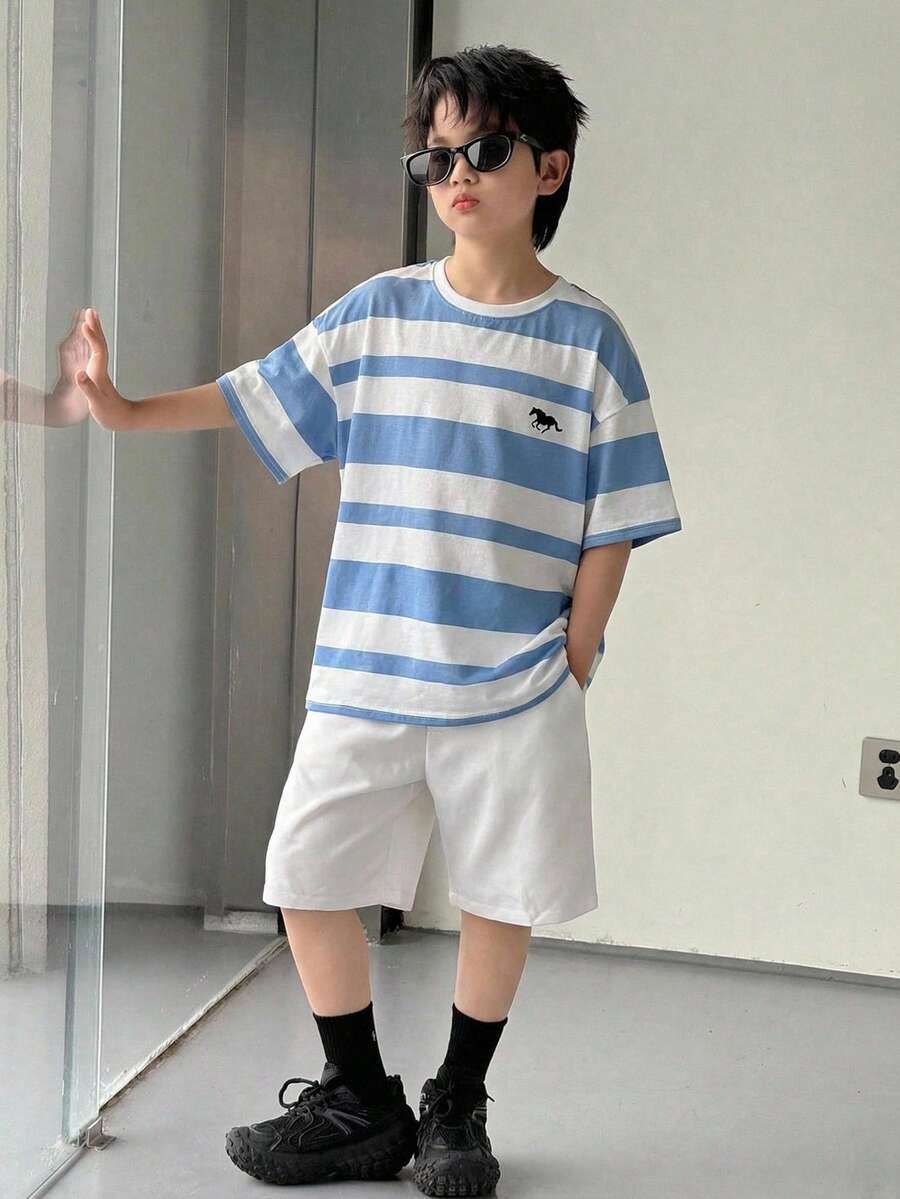 SHEIN Little Byeori 两件套男童休闲简约圆领短袖短裤套装，适合夏季穿着