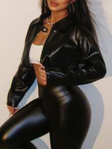 VaVaBold 长袖短款拉链纯色 PU 性感夹克 - 黑色 - 查看 1