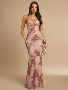 Silquee 女士优雅提花修身鱼尾下摆吊带度假连衣裙，夏季 - 棕色 - 查看 3