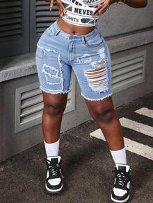 Slaydiva 女士纯色做旧毛边斜插口袋修身牛仔短裤 - 淺色水洗藍 - 查看 5