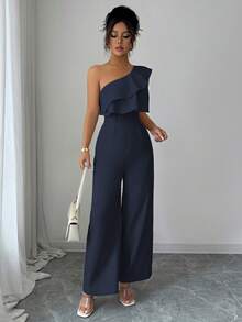 Elenzga Women's Vacation Style Office Commute Beach Party Oblique Shoulder Double Ruffle Waist Straight Leg Loose Jumpsuit, Spring/Summer - Navy Blue - View 5