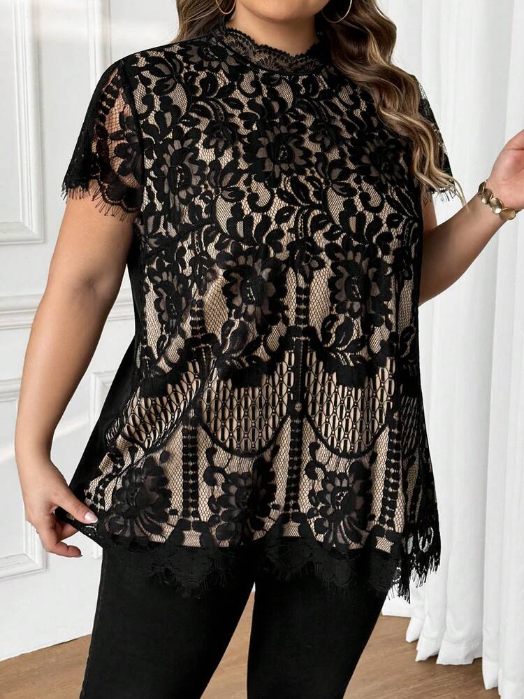 SHEIN CURVE+ Plus Size Elegant Lace Patchwork Chiffon Blouse - Black - View 3