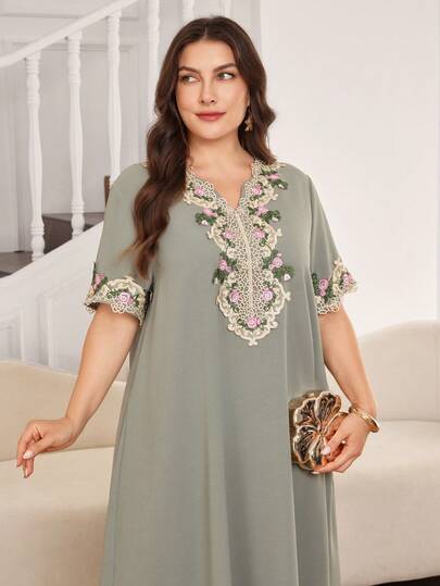 Al Najma Đầm dài kiểu Thổ Nhĩ Kỳ cỡ lớn, dáng rộng, thanh lịch, lãng mạn, viền ren thêu dành cho nữ.