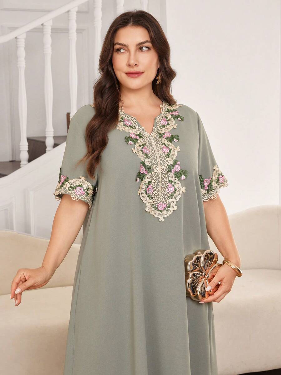 Al Najma Đầm dài kiểu Thổ Nhĩ Kỳ cỡ lớn, dáng rộng, thanh lịch, lãng mạn, viền ren thêu dành cho nữ. - màu xanh lá - Xem 1