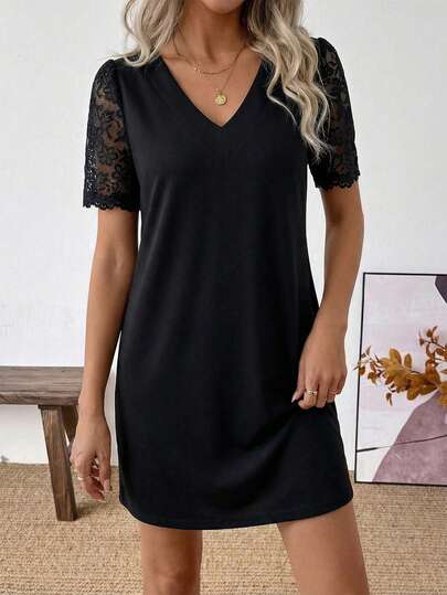 EMERY ROSE Women's V-Neck Lace Sleeve Casual Versatile Dress, Spring/Summer