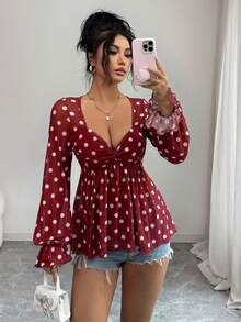Rafferiza Elegant Sexy U-Neck Twist Front Long Sleeve Mesh Floral Print Blouse, Spring/Summer, Red & White - Red and White - View 4
