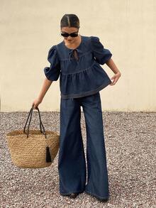 DAZY 系领泡泡袖荷叶边牛仔上衣和阔腿牛仔裤 - 藍色 - 查看 7