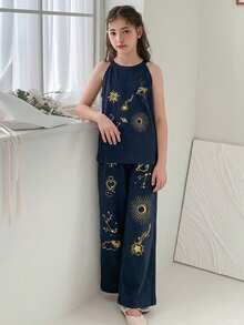 DAZY Tween Girl Sun & Planet Print Halter Top And Wide Leg Pants Casual Outfit - Blue - View 5