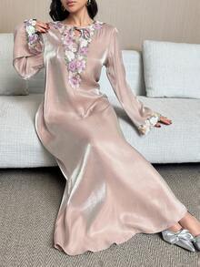 Yasmyna Đầm nữ thanh lịch in hoa, cổ khoét hở, tay bồng, kiểu dáng rộng rãi, thích hợp cho kỳ nghỉ, mùa xuân/thu. - Bụi hồng - Xem 7