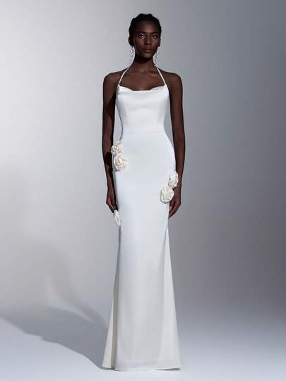 Elitara 优雅简约奶油色缎面吊带褶皱设计性感露背3D立体花卉装饰修身半身裙，伴娘礼服，鸡尾酒会礼服