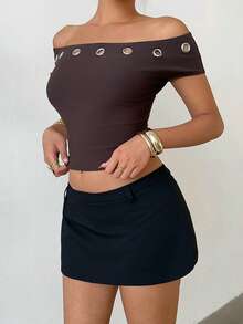 Aloruh Women's Shades Of Brown Off-Shoulder Short Sleeve Knit Fitted T-Shirt,Summer Seksi Chic Solid Color Top For Night Out,Commuting Office Work Attire - Coffee Brown - View 4