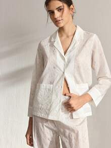 Ocili 女士舒适纯棉睡衣套装，翻领设计，纽扣前襟，刺绣图案，长袖上衣和裤子。 - 白色 - 查看 7