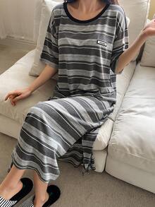 DAZY Striped Pattern Loose Short Sleeve T-Shirt & Long Dress Women Loungewear Set - Grey - View 3