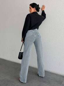 EURMUSE Women's Casual Fashion Street Chic High Waist Ripped Straight Leg Jeans, Suitable For Daily Commute - Baby Blue - View 2