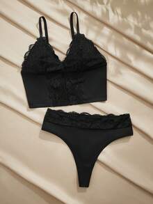 Charlaine 两件套法式优雅花卉蕾丝舒适内衣套装 - 黑色 - 查看 1