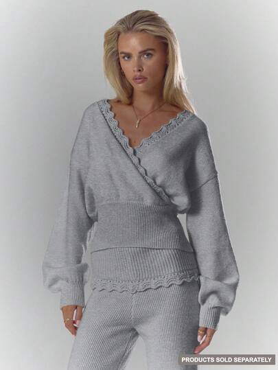 MUSERA Soft Rib Crochet Knit Crossover Detail Cinched Long Sleeve Top Only Cosy Cute Casual Coffee Club Winter Christmas Elegant Evening Party