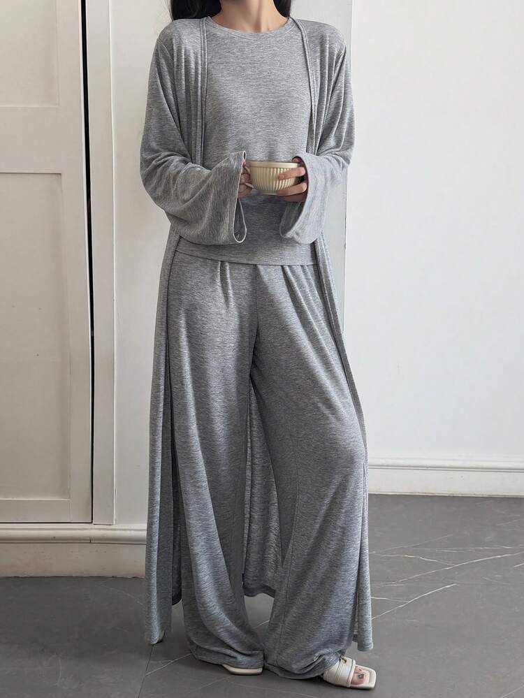 Women's Solid Color Long Sleeve Robe, Round Neck Camisole And Wide Leg Pants Loose Casual Suit