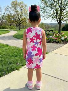 Young Girl Cute Floral Print Sleeveless Knit Crew Neck Casual Dress, Suitable For Spring/Summer - Multicolor - View 2
