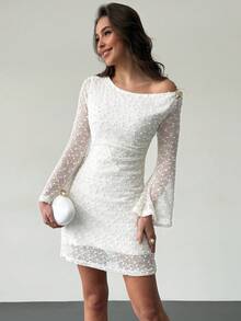 Islaluna Women's Long Sleeve Off-Shoulder Metal Buckle Waist Pleated Slip Dress, Suitable For Casual, Vacation, Party Wear In Spring/Summer - Apricot - View 6