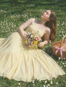 SHEIN MOD Đầm dài màu vàng kem lãng mạn dành cho nữ cỡ lớn, thích hợp cho kỳ nghỉ, hẹn hò, ngày Valentine, tiệc sinh nhật, đầm lưới hai dây co giãn tốt. - Vàng nhạt - Xem 1