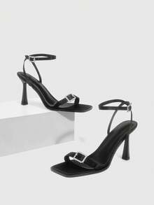 CUCCOO SZL 女士方头细高跟黑色露趾踝带凉鞋，时尚性感百搭女士高跟鞋 - 黑色 - 查看 1