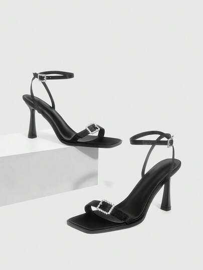 CUCCOO SZL 女士方头细高跟黑色露趾踝带凉鞋，时尚性感百搭女士高跟鞋