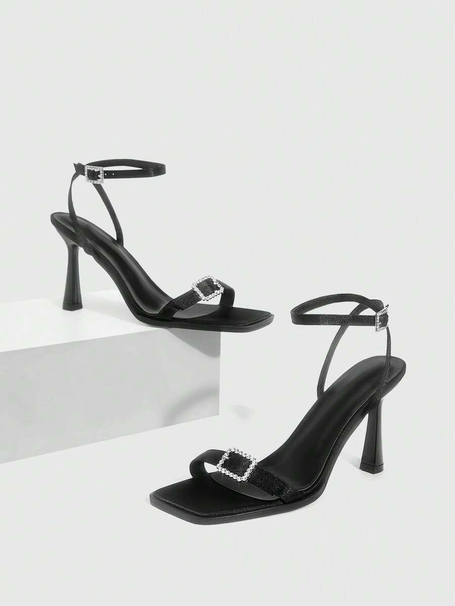 CUCCOO SZL 女士方头细高跟黑色露趾踝带凉鞋，时尚性感百搭女士高跟鞋 - 黑色 - 查看 1