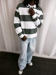 GALLERY FADE Men's Letter Print Striped Long Sleeve Casual Commuter Polo Shirt - White - View 4