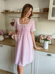 SHEIN 浪漫格子印花拼接蕾丝蝴蝶结松紧腰睡裙 - 粉色 - 查看 4