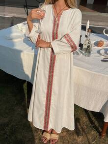 DAZY Women's Loose V-Neck Drop Shoulder Dress With Ribbon Trim, Suitable For Vacation - White - View 1