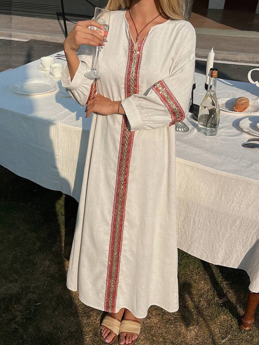 DAZY Women's Loose V-Neck Drop Shoulder Dress With Ribbon Trim, Suitable For Vacation - White - View 1