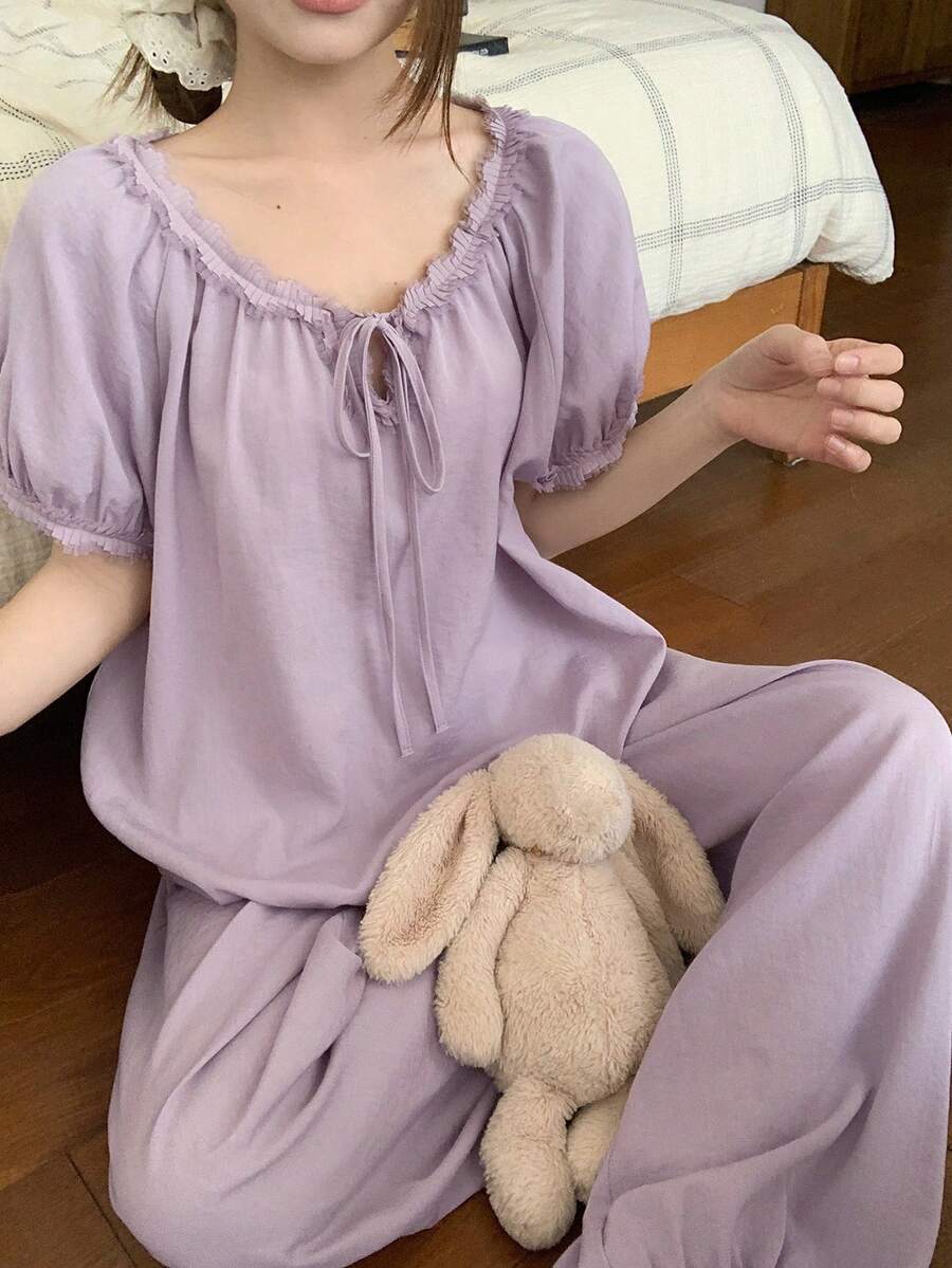 DAZY Cute Ruffle Trim Lantern Sleeve Loose Women Pajama Set - Purple - View 1