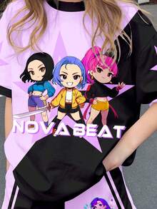 返校季卡通女孩撞色紫色和黑色少女休闲简约短袖T恤和短裤两件套，适合夏季、休闲校园运动风、户外野餐、郊游、街头拍照 - 彩色 - 查看 4