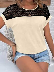 SHEIN LUNE 撞色圆领短袖休闲宽松夏季拼接T恤 - 杏色 - 查看 3